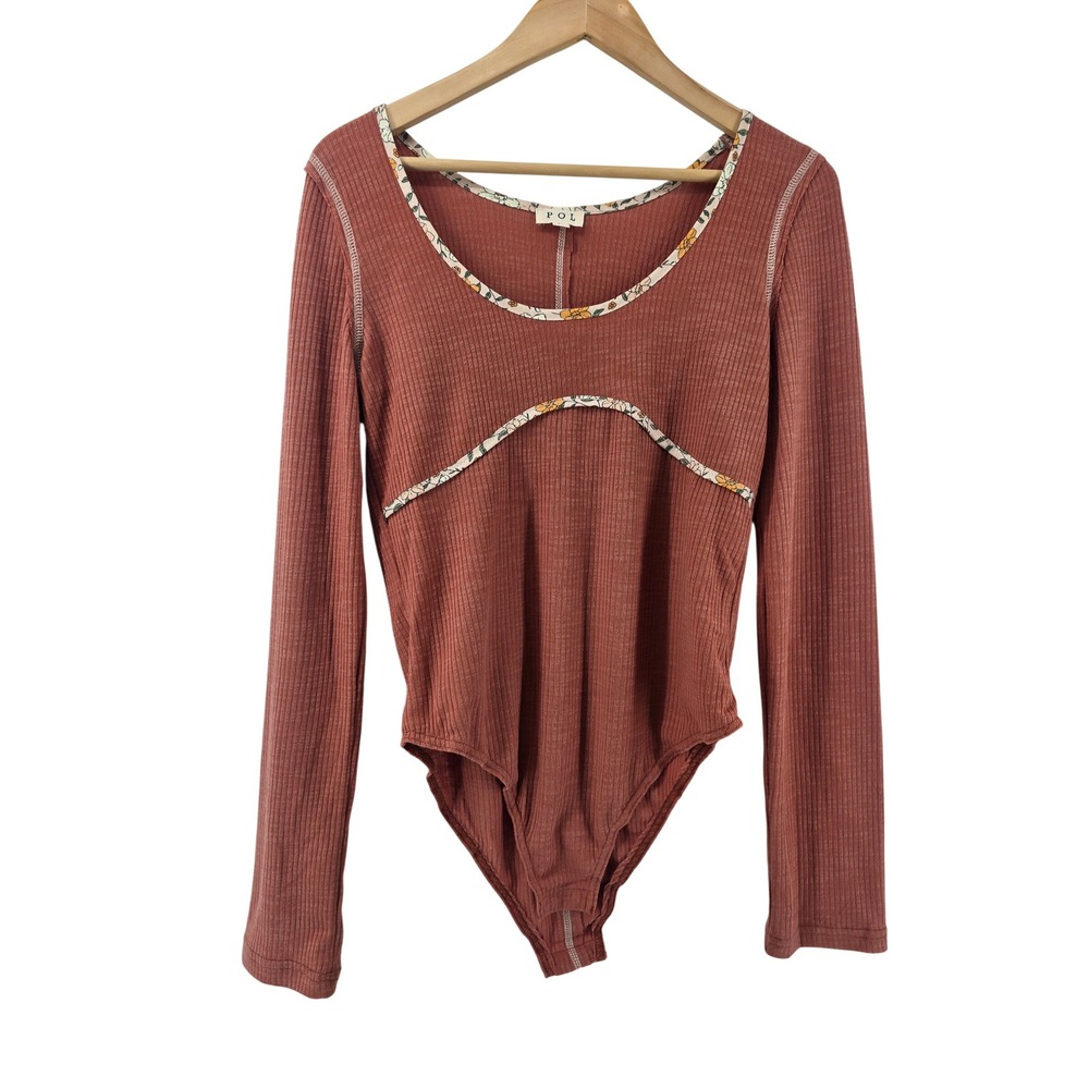 POL Bodysuit Women L YKP173 Rust Orange Floral Trim Ribbed Long Sleeve EXCELLENT